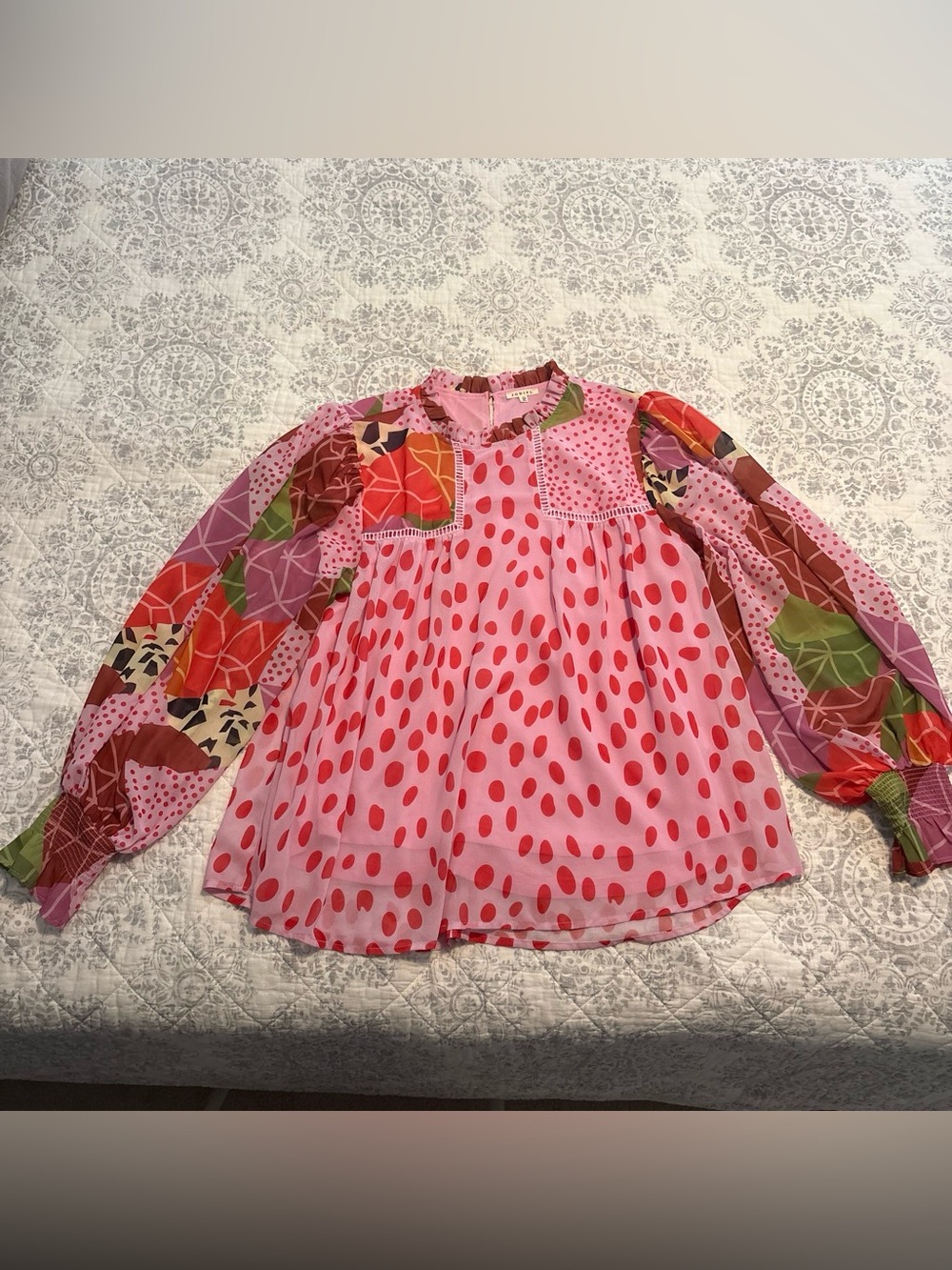 JODIFL Pink and Red Polka Dot Mixed-Print Peasant Blouse